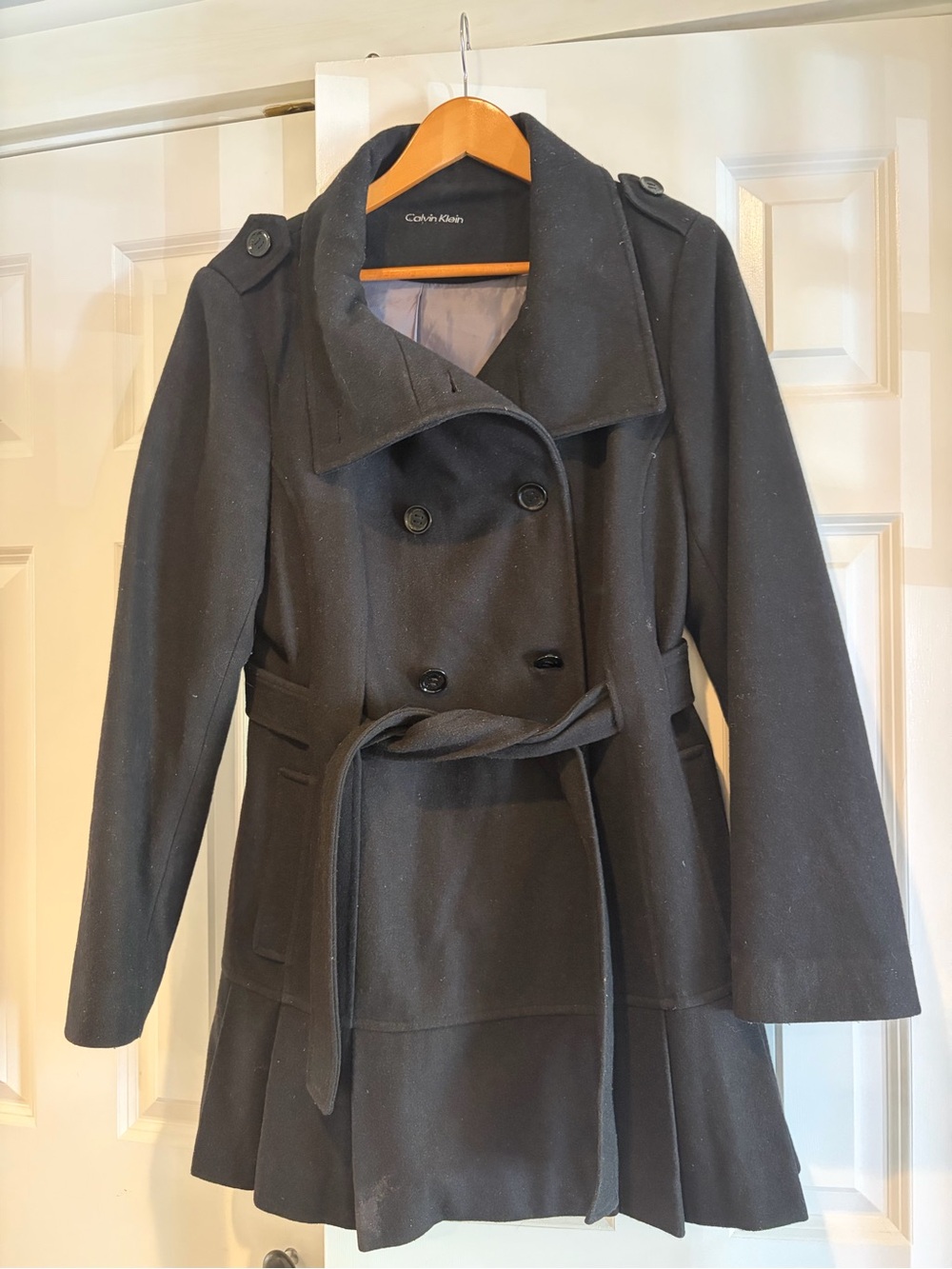 Calvin Klein Black Double-Breasted Peacoat with Belt
